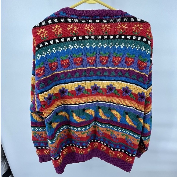 Vintage L.L.Bean Sweater Womens Med Multicolor Cardigan Ramie Cotton Fruit 90s - Picture 2 of 7